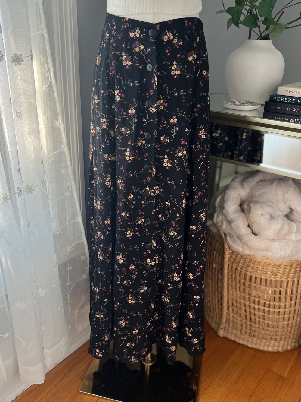 Floral Button-Front Maxi Skirt - Black with Pink Floral